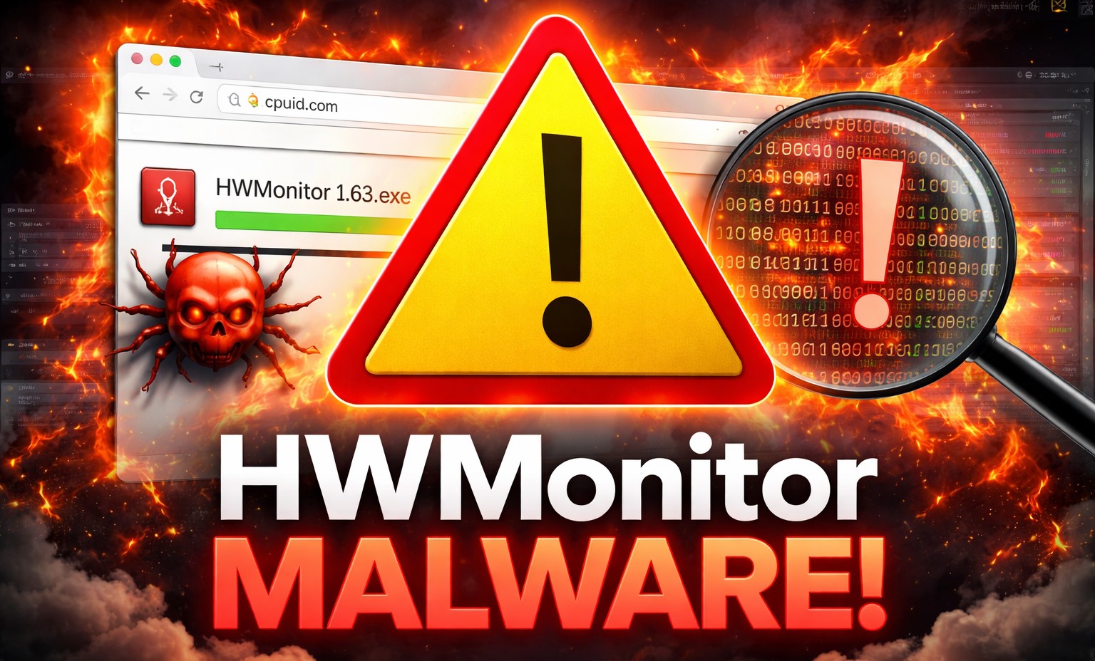 VirusTotal scan results showing multiple detections on compromised HWMonitor installer