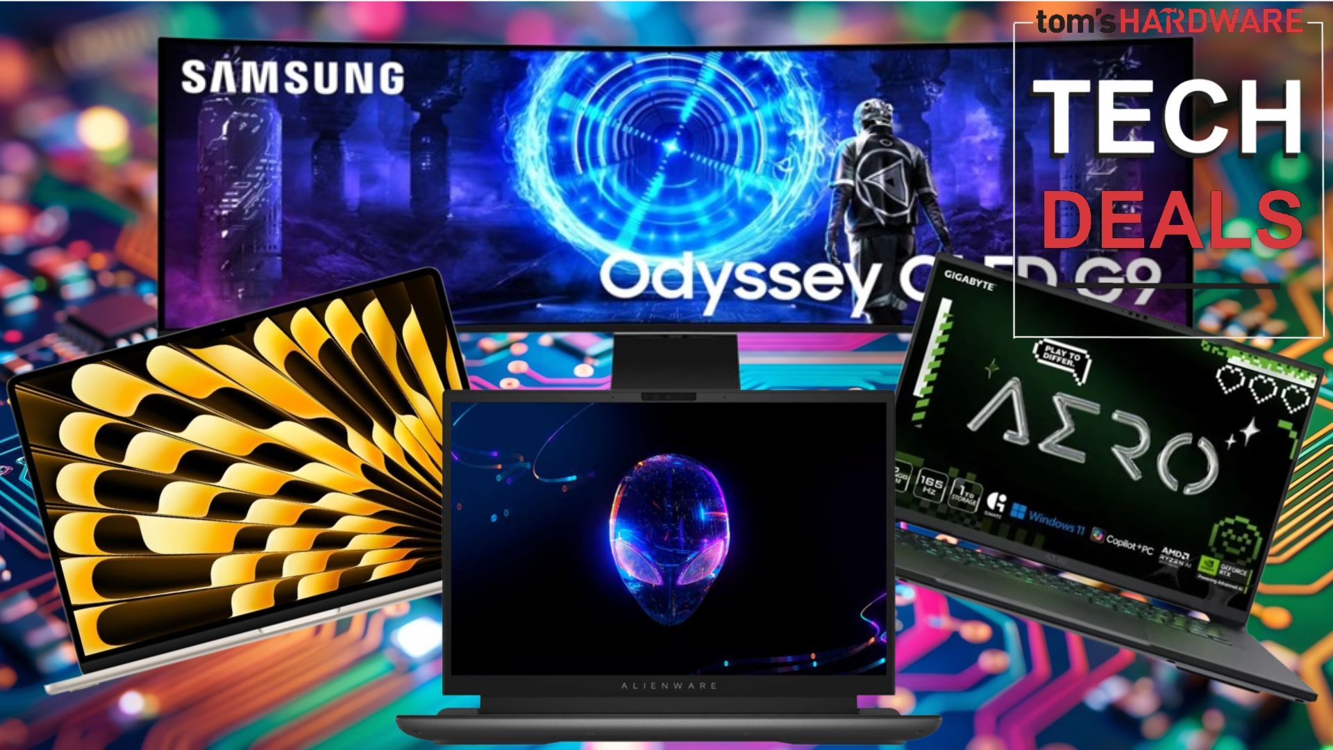 A visually striking array of new gaming laptops and sleek OLED monitors on display, representing cutting-edge technology.