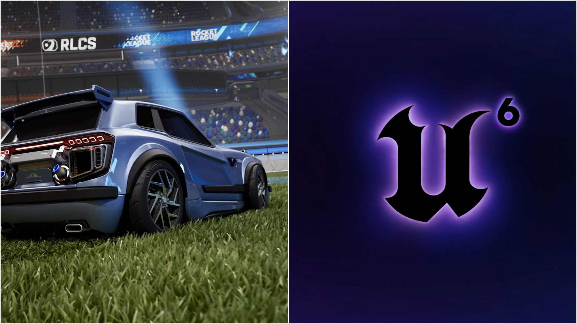 Screenshot of Rocket League gameplay with Unreal Engine 6 branding subtly incorporated.