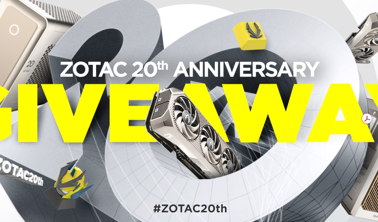 Collage of ZOTAC PC components including graphics cards and mini PCs with 'ZOTAC 20 Years' branding.