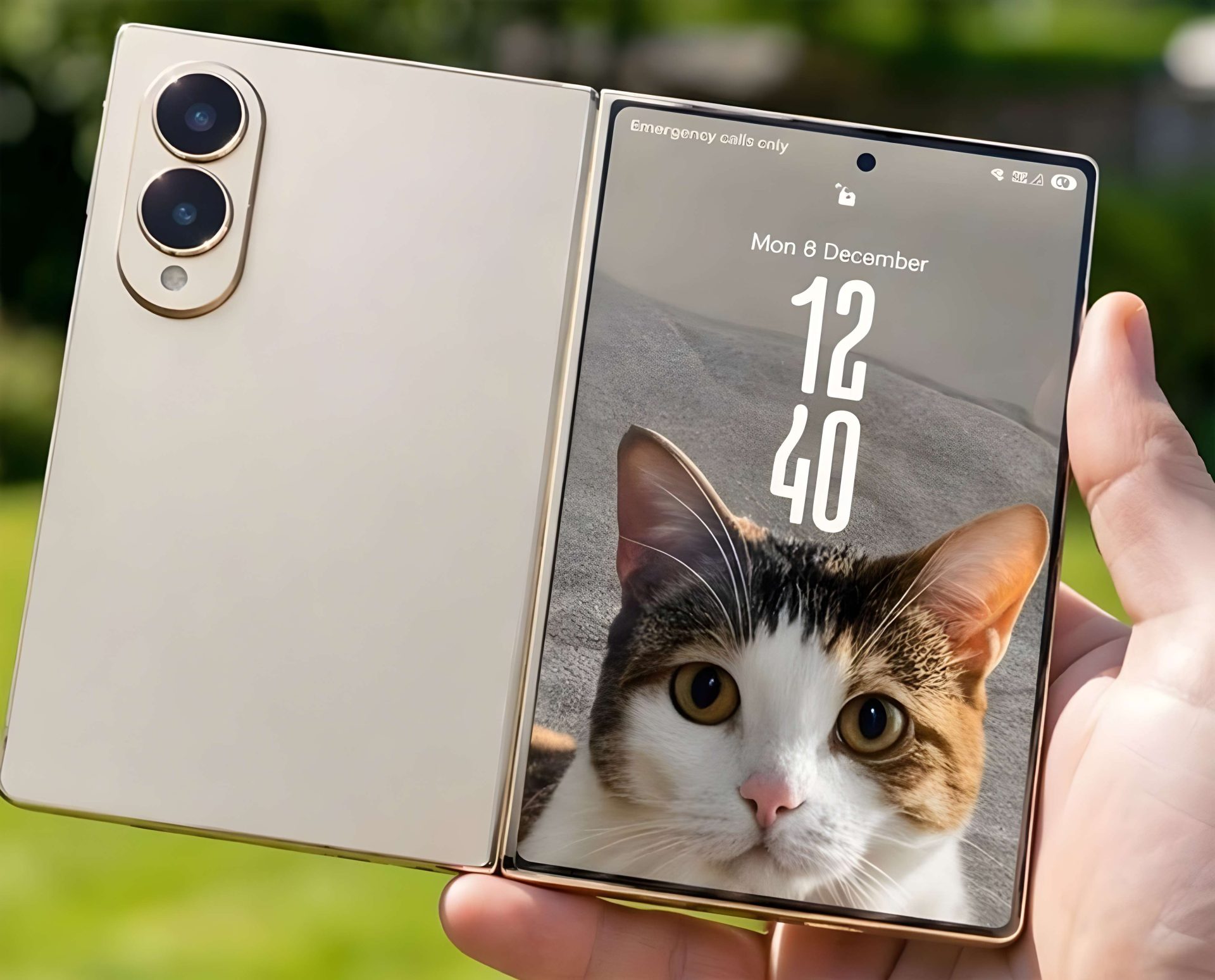 A person holding a Samsung Galaxy Z Fold phone, looking skeptical.