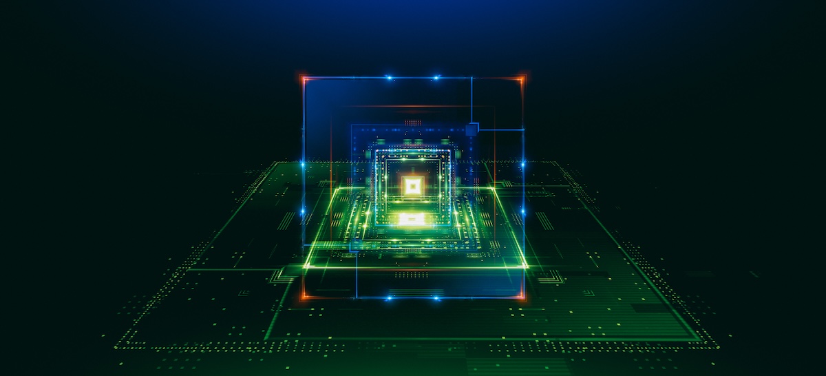 Illustration of stacked memory and processing chips for near-memory computing.