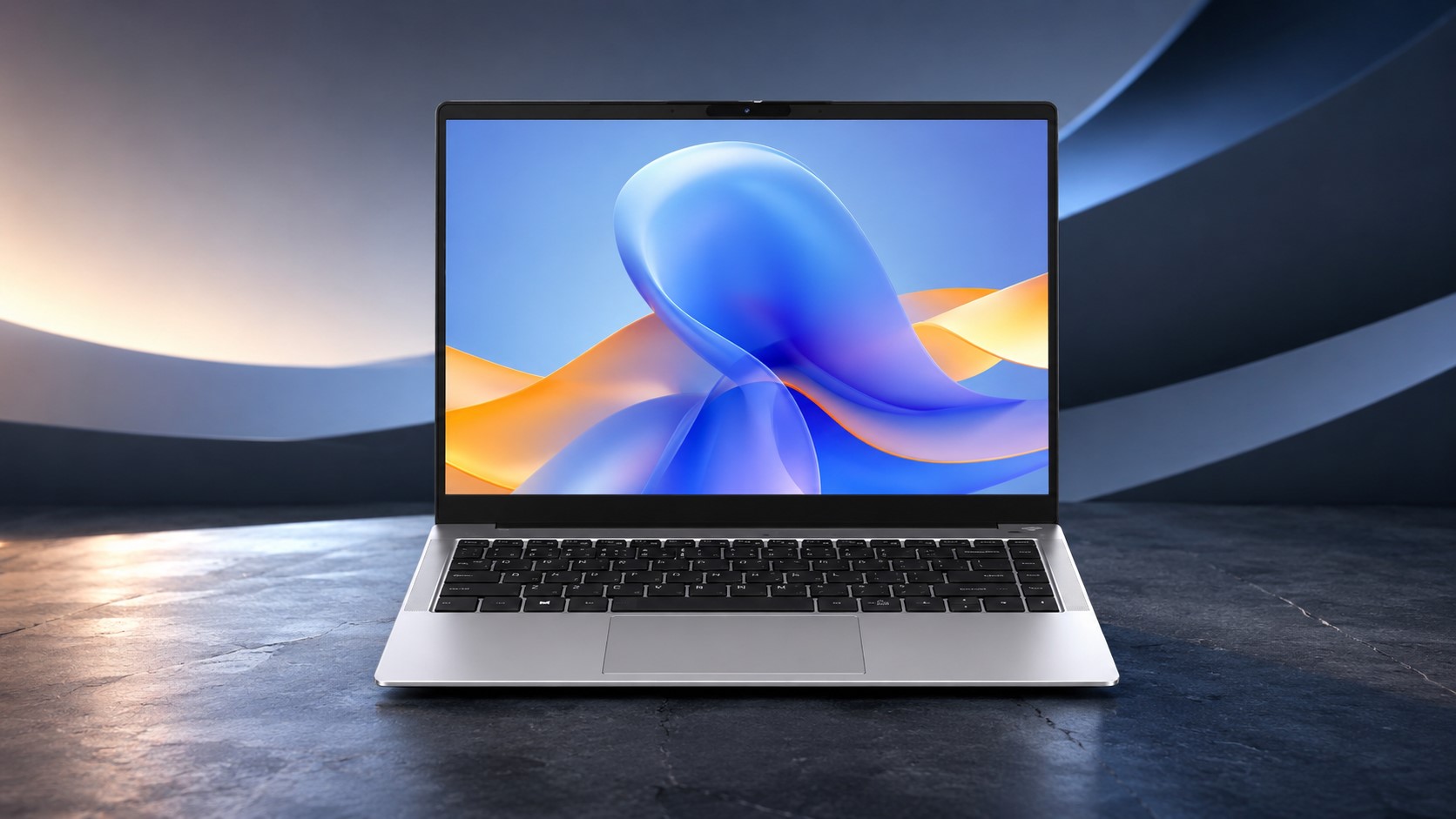 A sleek, thin-and-light laptop with an illuminated screen, representing an affordable Intel Wildcat Lake device.