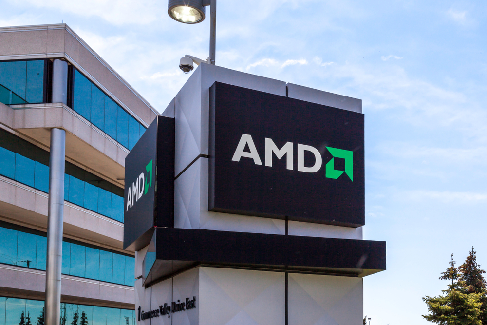 AMD EPYC processor chip close-up with data center background