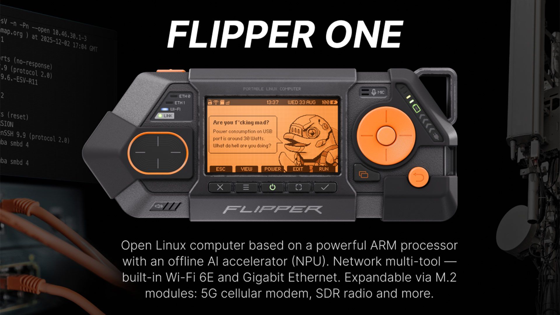 Close-up image of the Flipper One device, highlighting its ports and compact design.