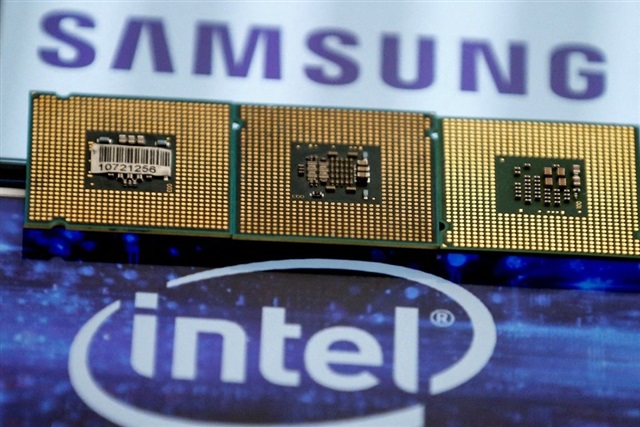 Intel logo with a background of microchip circuitry