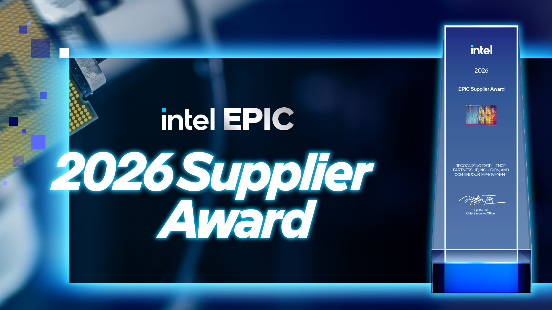 Collage of Intel EPIC 2026 Supplier Award logos with highlighted winners like ASML and Applied Materials