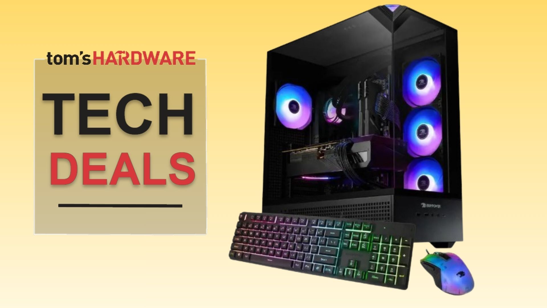 iBuypower Element 9 gaming PC with a prominent RTX 5060 Ti and AMD Ryzen 7800X3D listed at a discounted price.