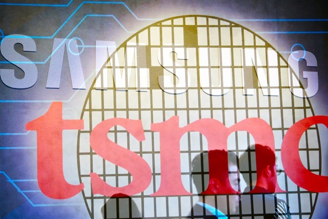 A split image showing the logos of AMD, Samsung Electronics, and TSMC, with stylized circuit board patterns.