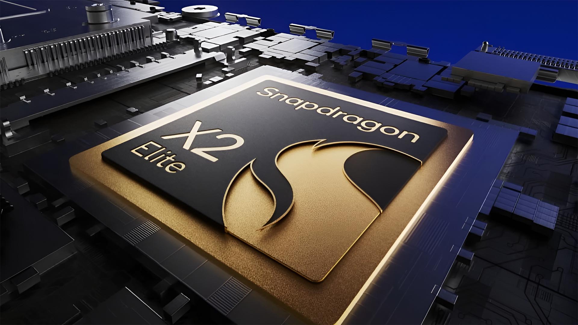 A close-up of a Qualcomm Snapdragon X Elite processor chip.