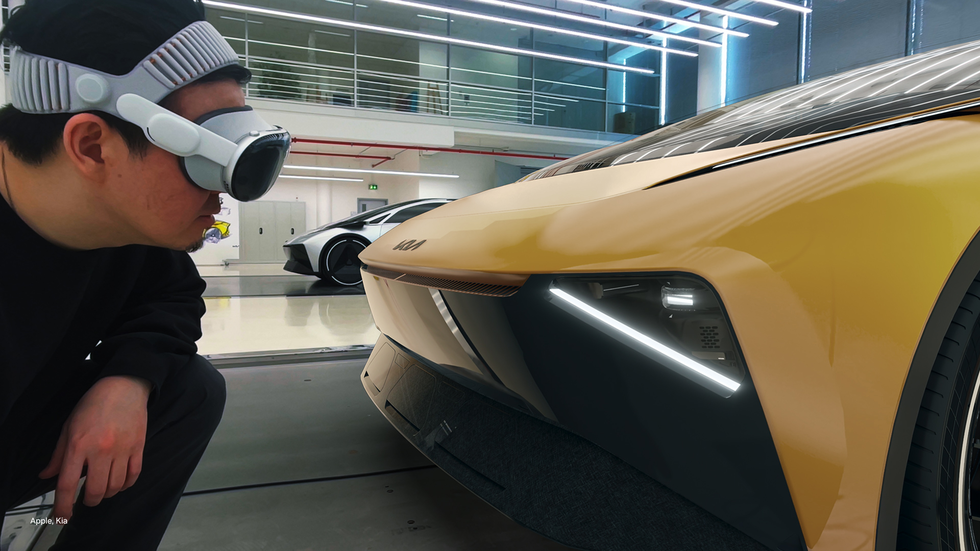 Apple Vision Pro headset displaying photorealistic car design streamed from NVIDIA RTX workstation