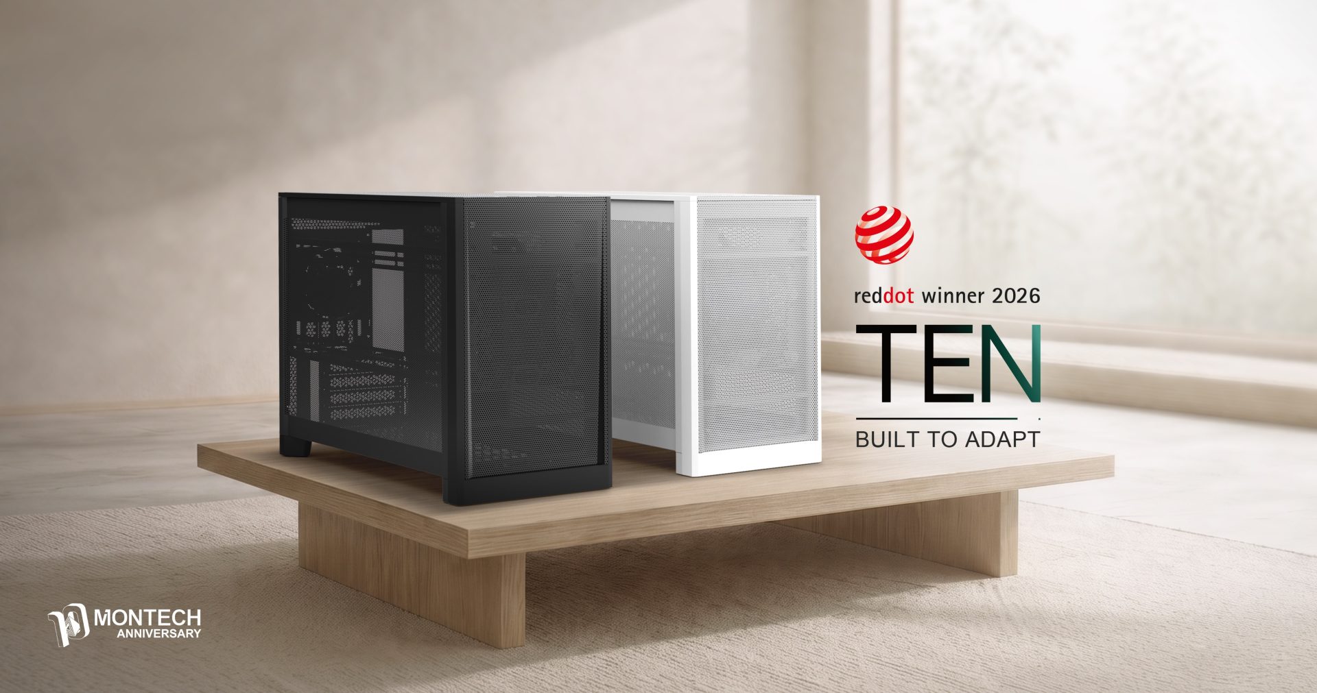 Side view of the Montech TEN micro-ATX PC case showing its compact form factor and multiple internal component mounting options.