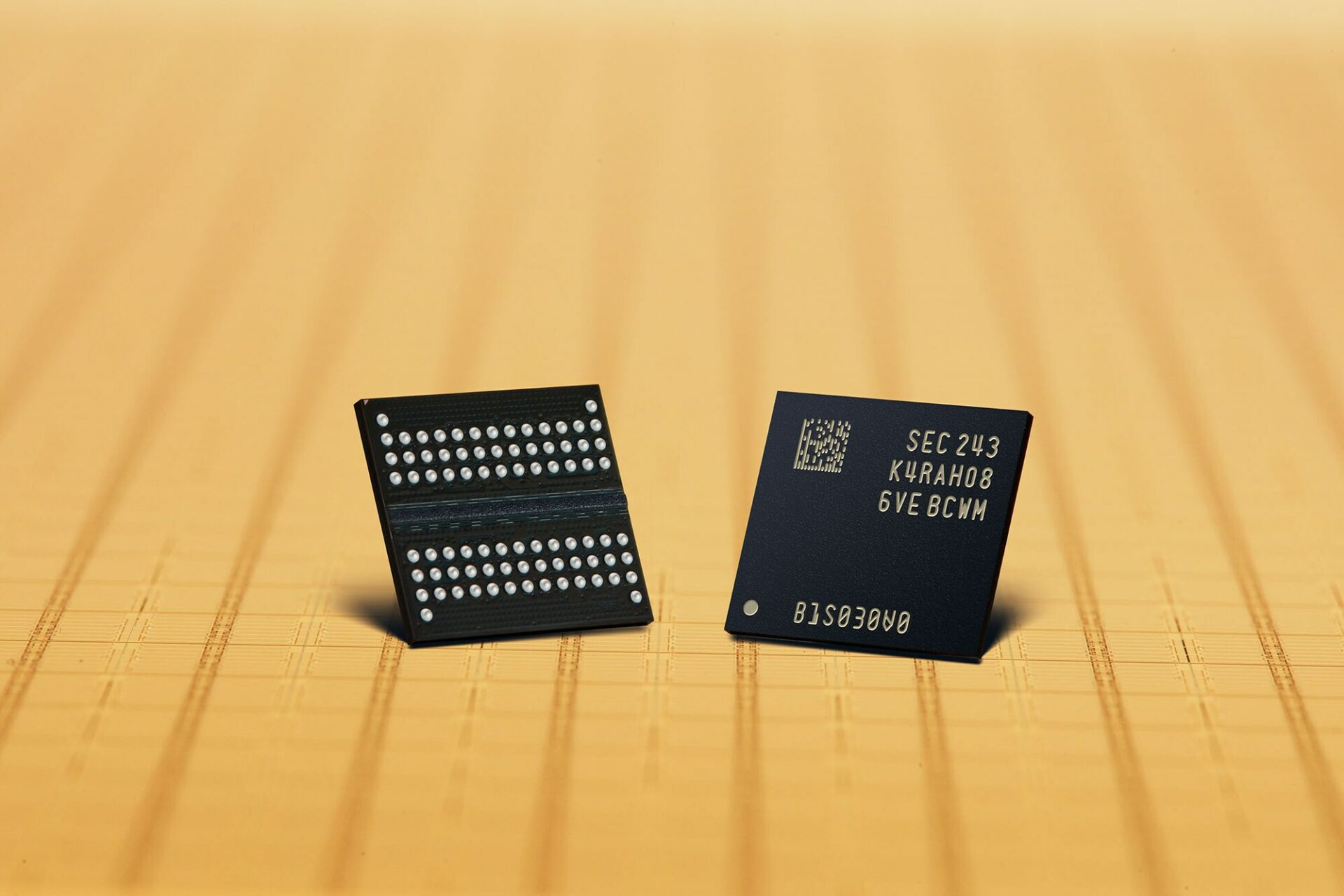Samsung DRAM and HBM chips stacked in AI server racks under dramatic lighting