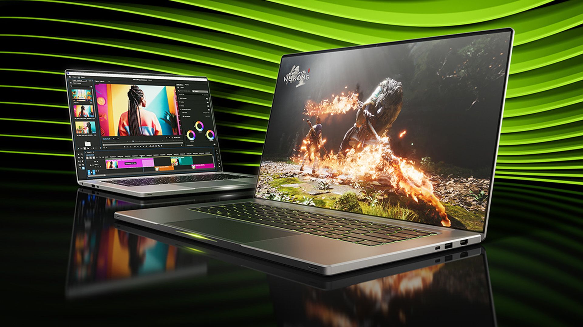 A close-up shot of a laptop's cooling vents with a stylized Nvidia GeForce RTX logo overlay.