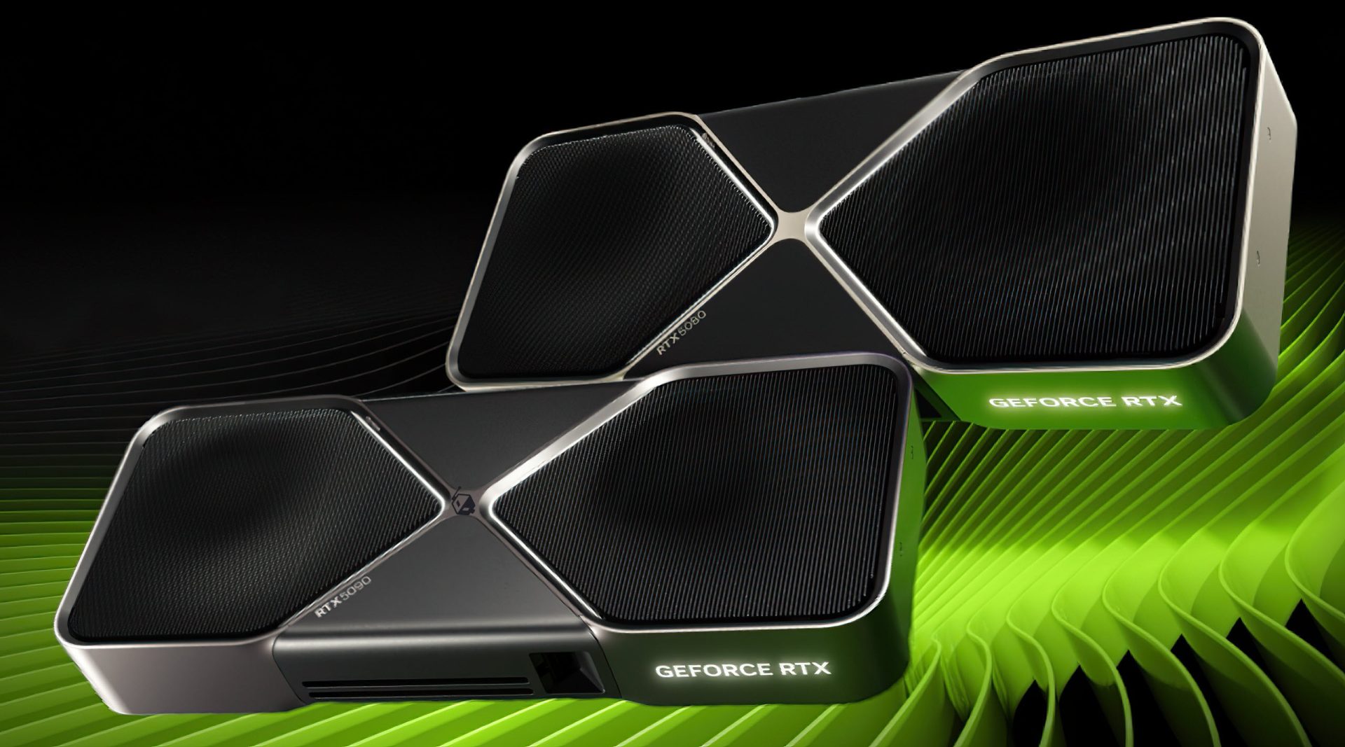 A close-up shot of an NVIDIA GeForce RTX 5090 graphics card, highlighting its cooling shroud and fans.