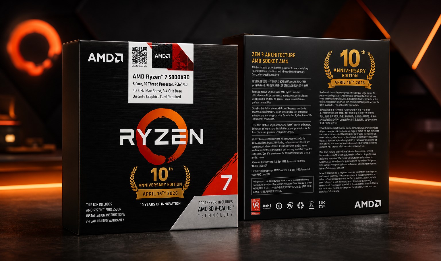 Close-up shot of an AMD Ryzen 7 5800X3D CPU package with the AMD logo and chip name clearly visible.
