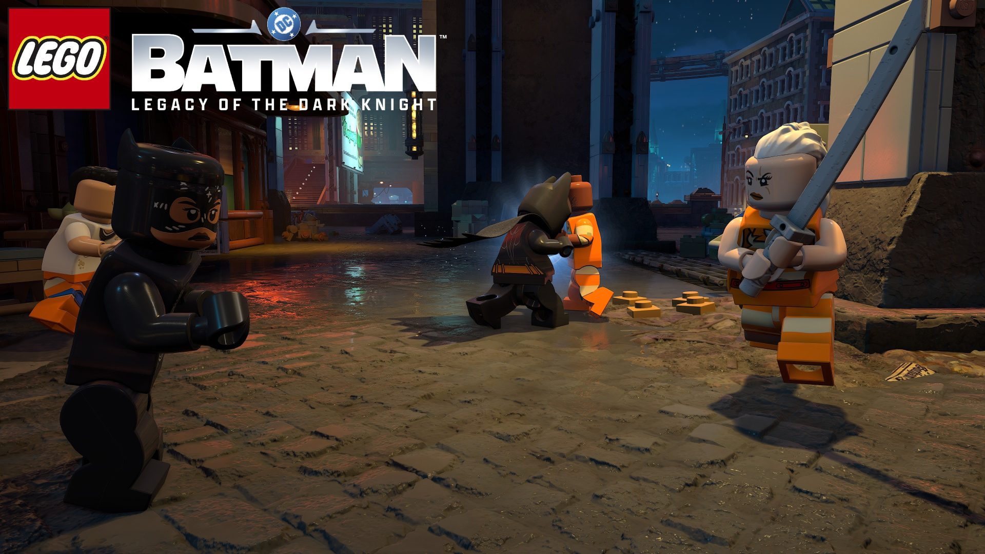 Screenshot of Batman using a Takedown move in LEGO Batman: Legacy of the Dark Knight.