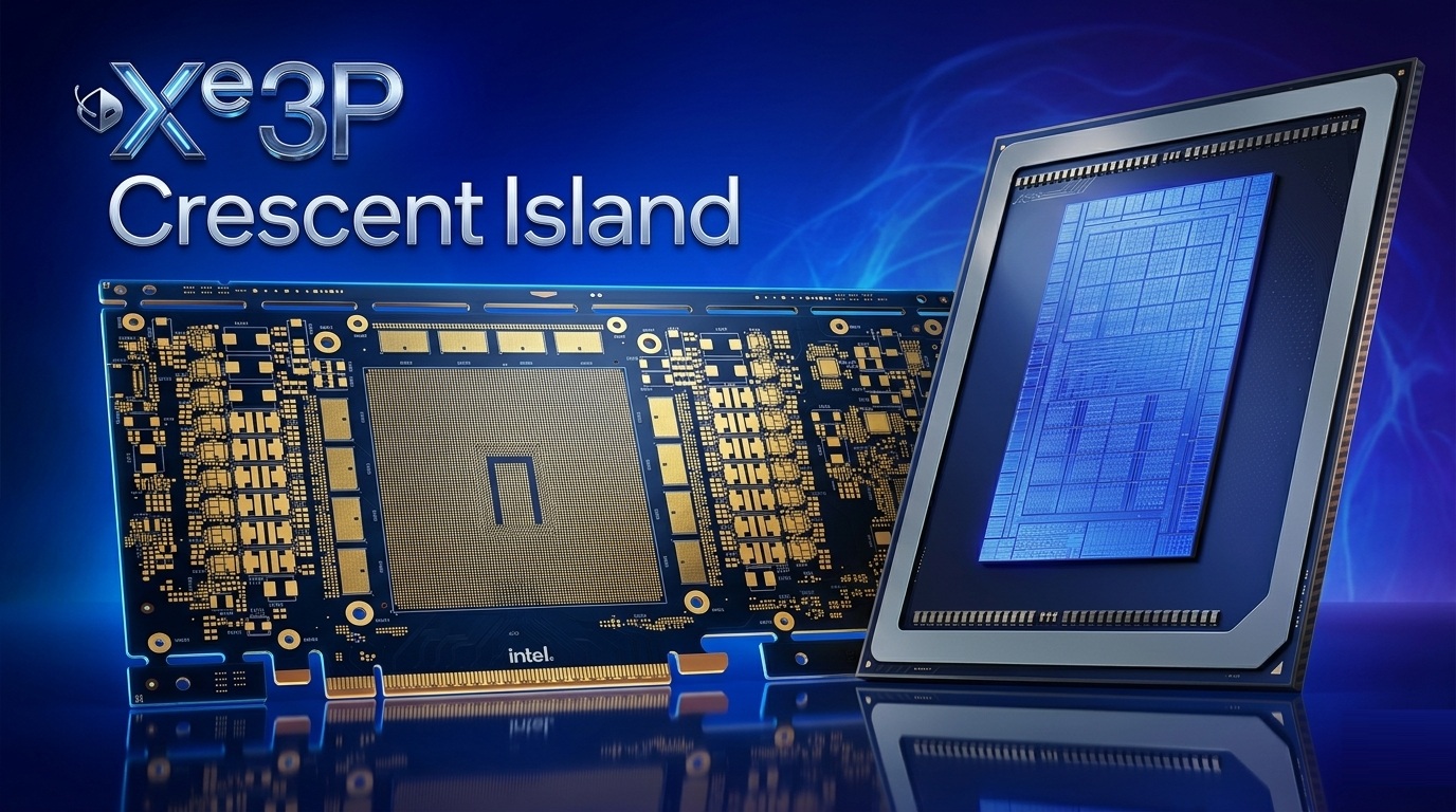 Leaked PCB image of Intel's Crescent Island AI accelerator showing the large Xe3P GPU and numerous LPDDR5X memory modules.