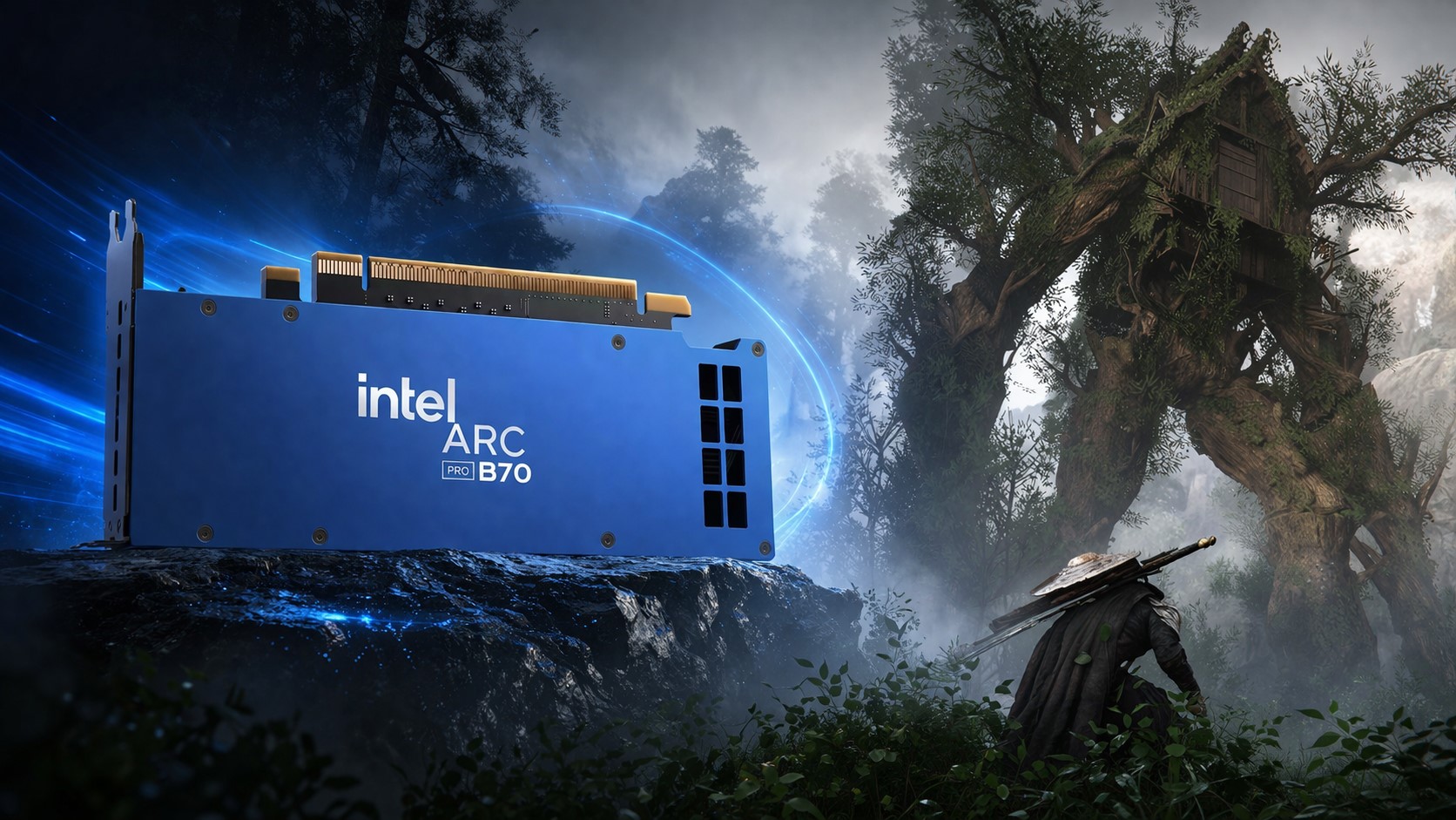 Intel Arc Pro B70 GPU running Crimson Desert with visible shimmering artifacts on non-Ultra settings