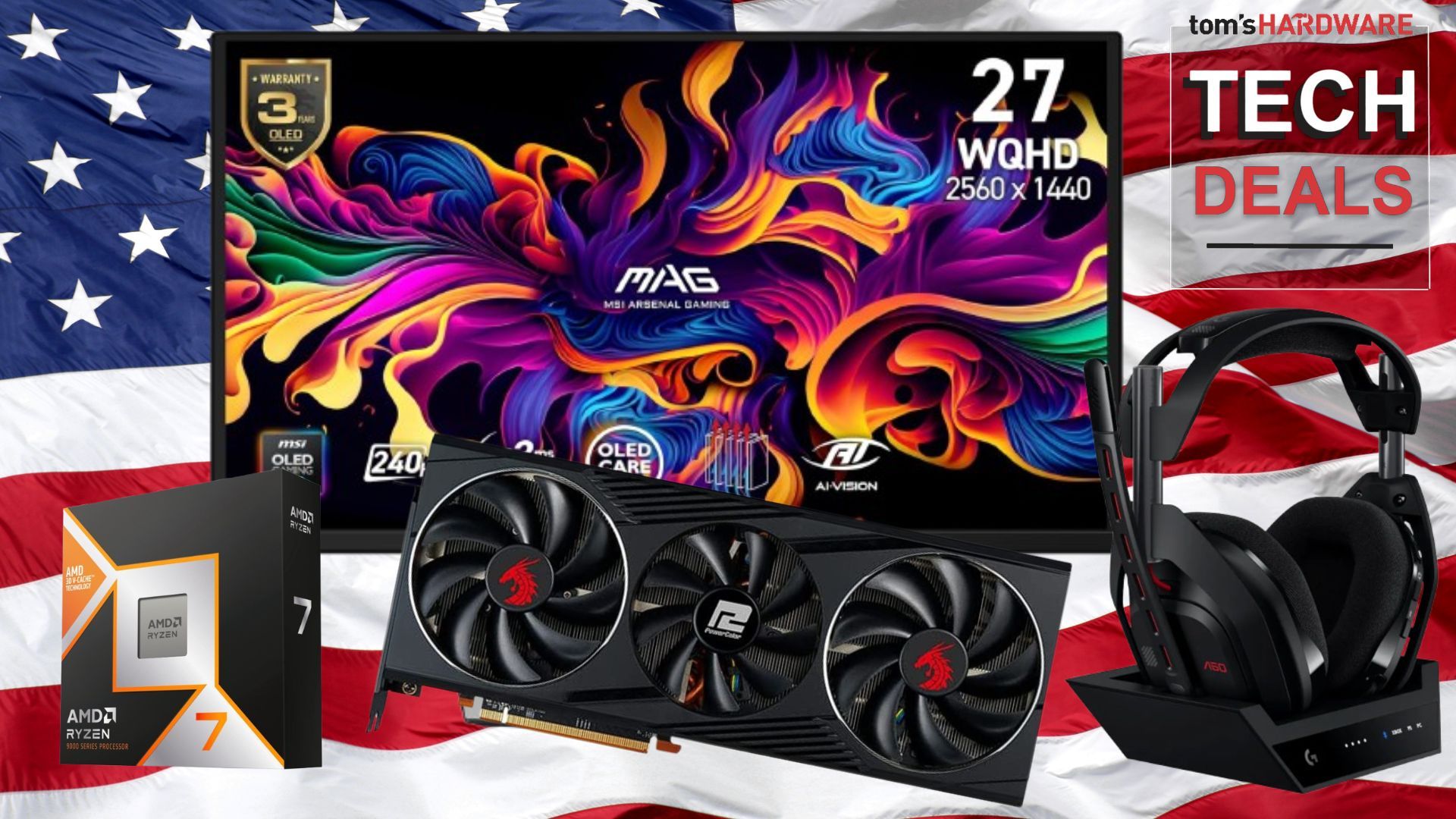 A collage of high-tech computer components and gaming laptops with Memorial Day sale banners.