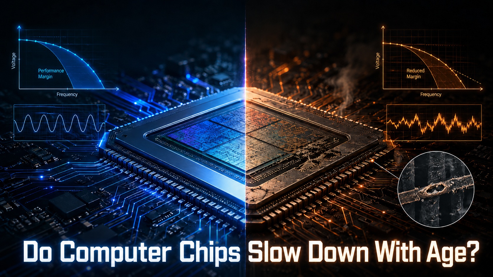 Close-up microscopic view of a computer chip's complex circuitry.