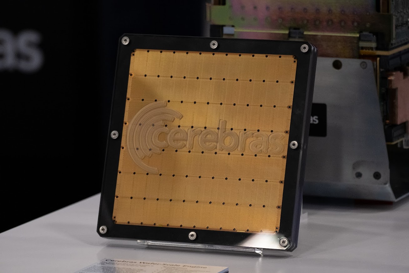 A close-up of a wafer scale chip with complex circuitry visible