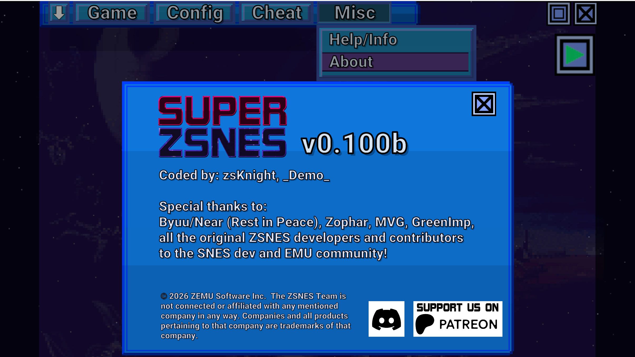 Screenshot of Super ZSNES emulator running a Super Nintendo game with enhanced graphics