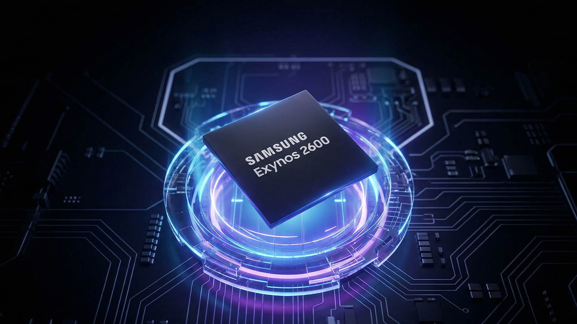 Close-up of a smartphone chipset with glowing neural network patterns overlayed