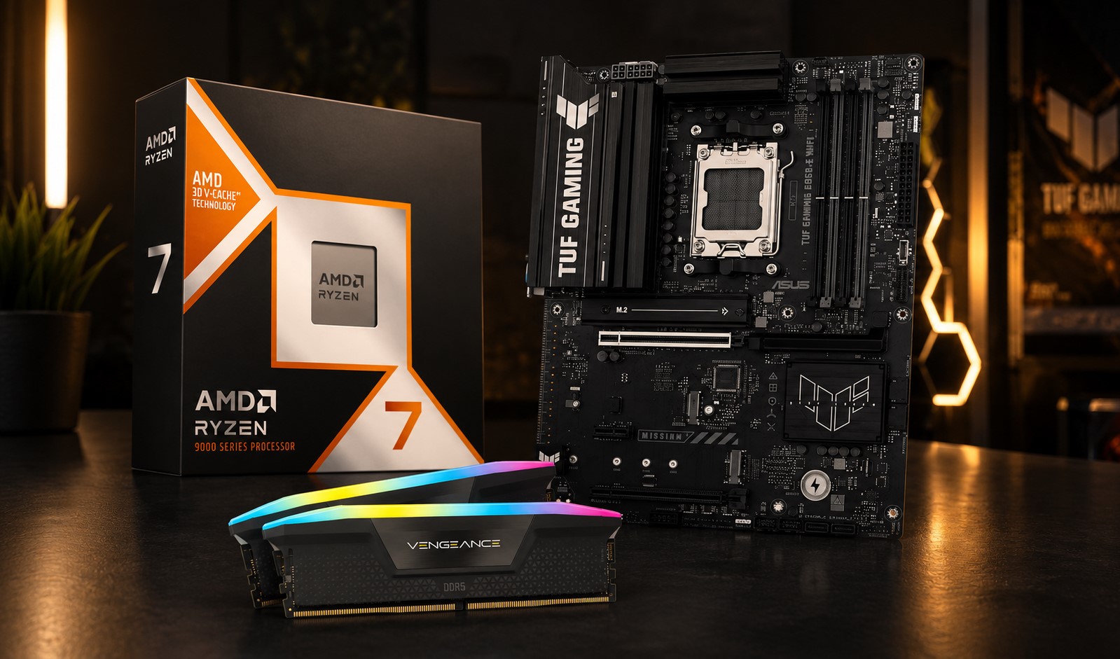 A close-up shot of an AMD Ryzen processor and a motherboard with visible circuitry.
